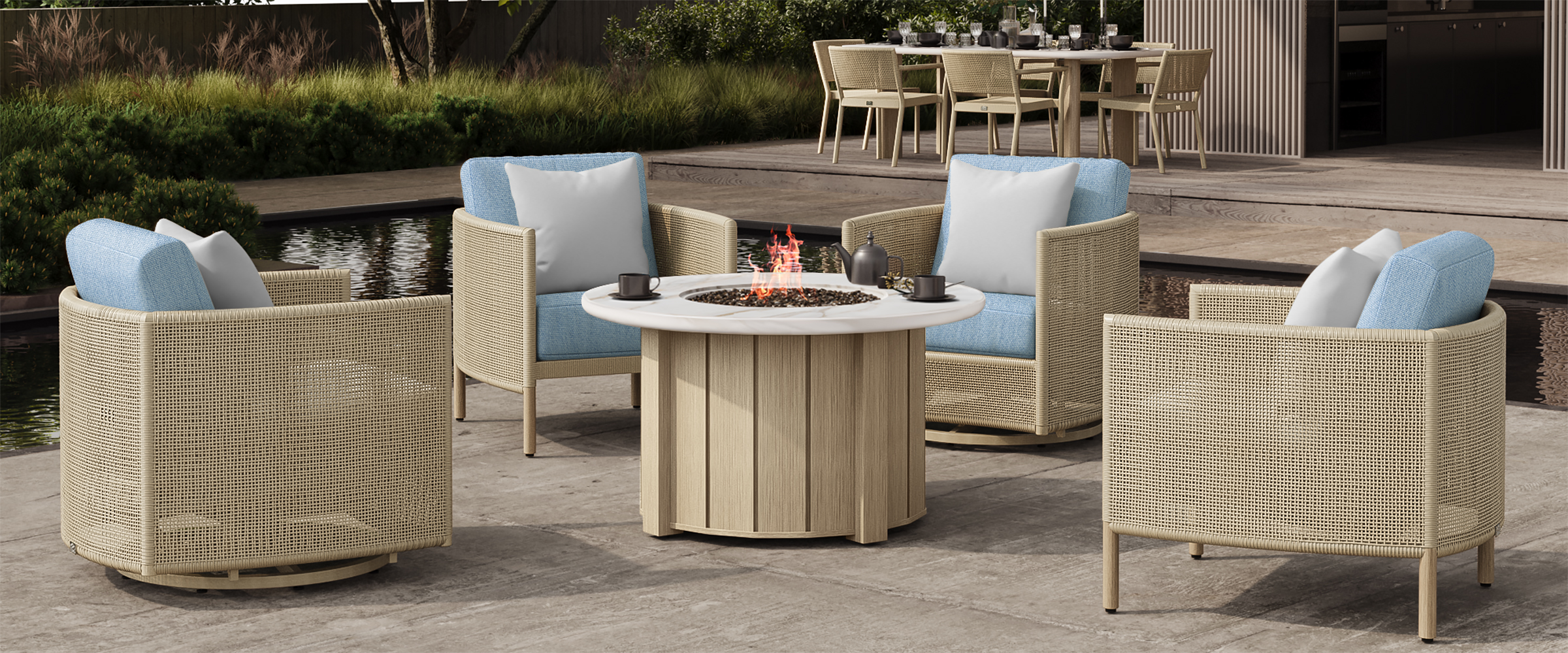 Orleans Chat Barley-Flax + Trevi FIre Pit Flax + Aspen Alabaster Top
